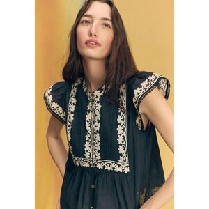 Sea New York x RTR Flutter Sleeve Top Black Blouse Floral Boho Lightweight XXS